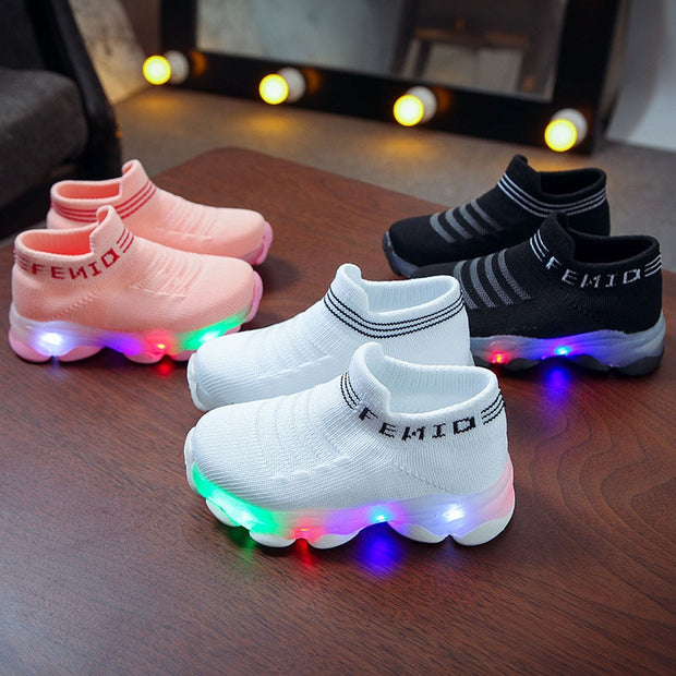 Girls Boys Letter Mesh Led Luminous Socks Sneakers Shoes Light Up Shoes