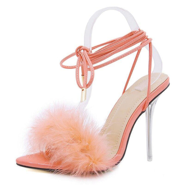 summer shoes woman pointed toe snake print high heels feather women sandals ankle cross strap transparent clear heel - Ernadi