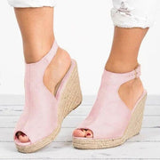 Female Suede Open Toe Cork Wedge Shoes Platform Buckle Strap Ankle Strap High Heels Shoes - Ernadi