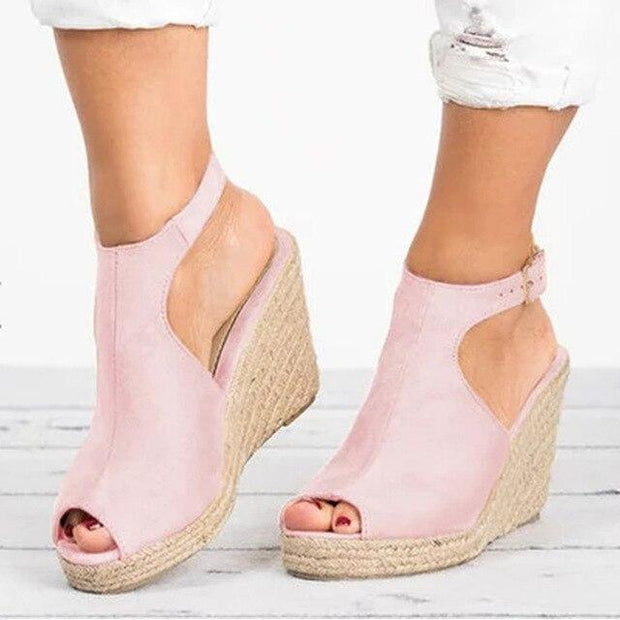 Female Suede Open Toe Cork Wedge Shoes Platform Buckle Strap Ankle Strap High Heels Shoes - Ernadi
