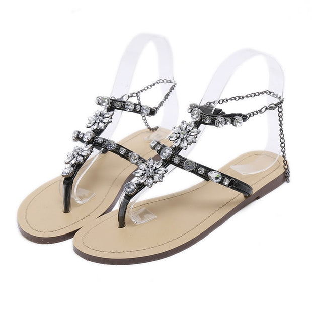 Rhinestones Chains Thong Gladiator Flat Sandals Crystal Plus Size - Ernadi