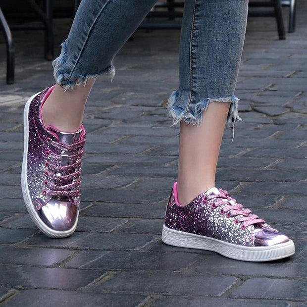Spring Women Casual lace-Up Bling Glitter Vulcanised Sneakers - Ernadi