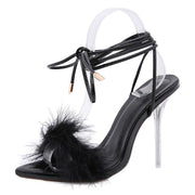 summer shoes woman pointed toe snake print high heels feather women sandals ankle cross strap transparent clear heel - Ernadi