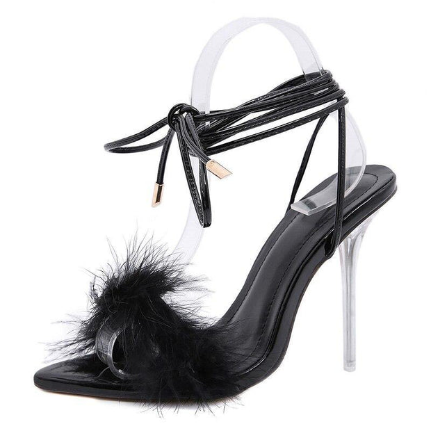 summer shoes woman pointed toe snake print high heels feather women sandals ankle cross strap transparent clear heel - Ernadi