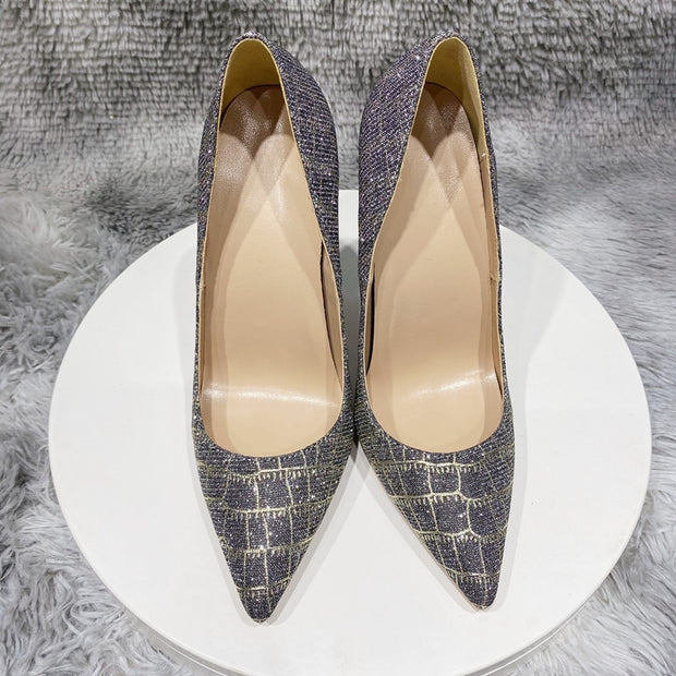 Glitter Embossed Crocodile Effect Women Pointy Toe High Heel Party Dress Shoes Ladies Chic Stiletto Pumps