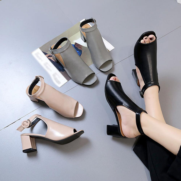Ankle High Heel Block Open Toe Shoes - Ernadi