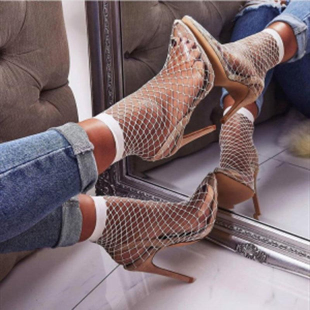 Pointed Toe Heels Fishnet Sandals Mesh Holes Female Shoes Party High Heel Ankle Boots - Ernadi