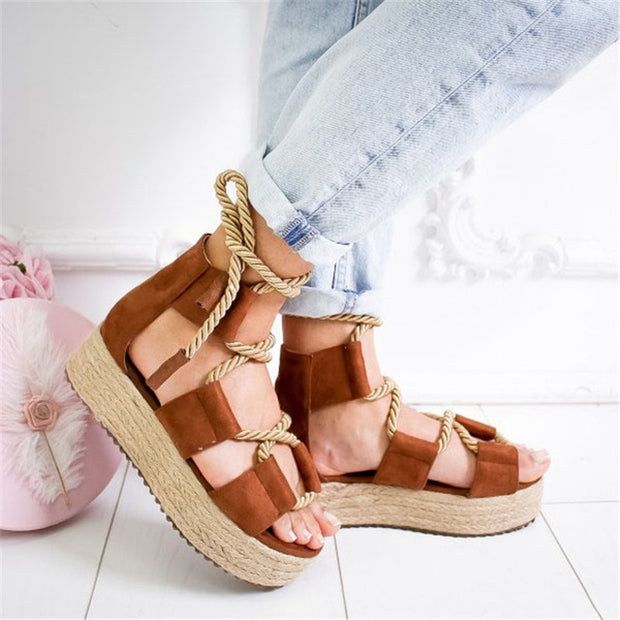Espadrilles Fish Mouth Lace Up Platform Wedge Sandals