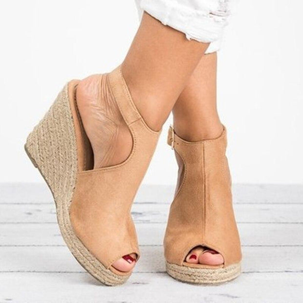 Female Suede Open Toe Cork Wedge Shoes Platform Buckle Strap Ankle Strap High Heels Shoes - Ernadi