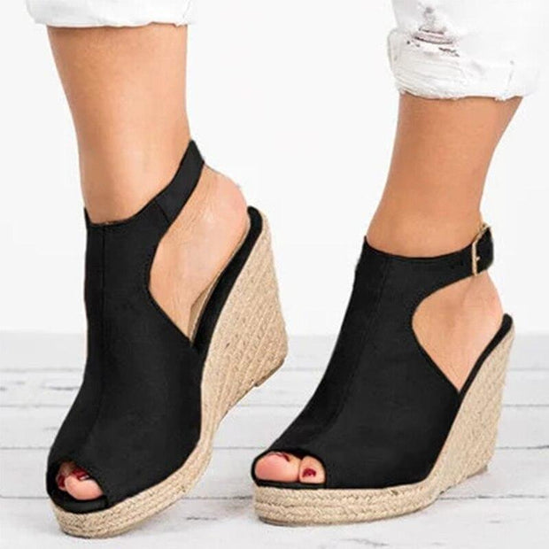 Female Suede Open Toe Cork Wedge Shoes Platform Buckle Strap Ankle Strap High Heels Shoes - Ernadi