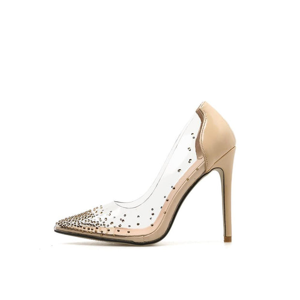 Women PVC Clear Transparent Pumps Rhinestone Crystal High Heel Wedding Bridesmaid Party Stiletto - Ernadi