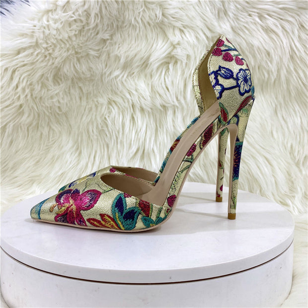 Gold Embroidered Hollow High Heel Pointed Shallow Mouth Shoes