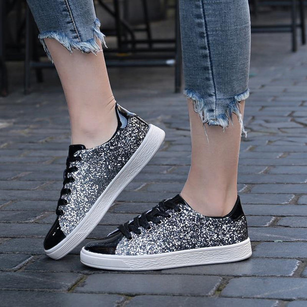 Spring Women Casual lace-Up Bling Glitter Vulcanised Sneakers - Ernadi