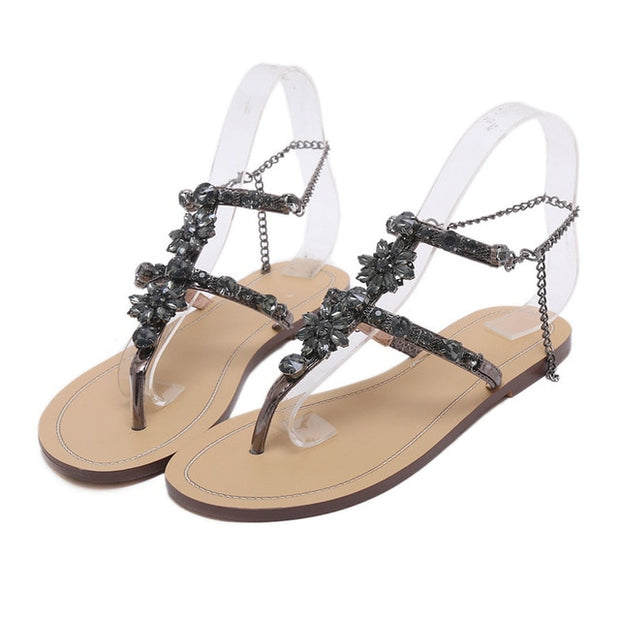 Rhinestones Chains Thong Gladiator Flat Sandals Crystal Plus Size - Ernadi