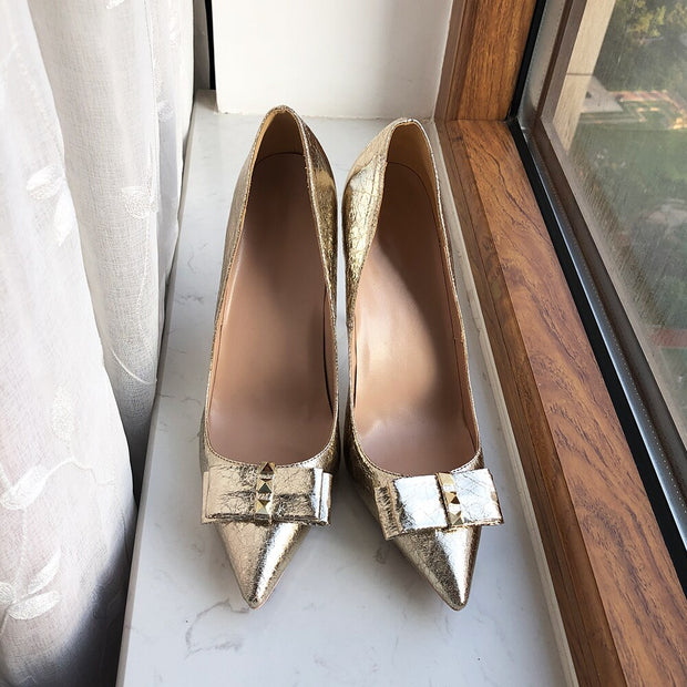 Soft Matte Gold Women Pointy Toe High Heel Bride Bow Shoes Shiny Stiletto Pumps Large Size