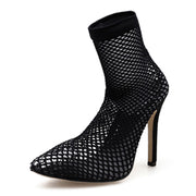 PVC Transparent Mesh Stretch Fabric Sock Boots Thin Heels Pointed Toe Ankle Woman Boot Black