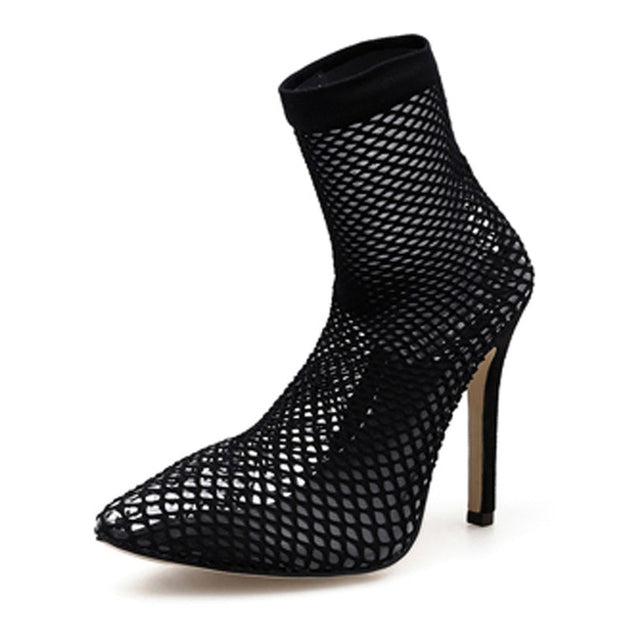 PVC Transparent Mesh Stretch Fabric Sock Boots Thin Heels Pointed Toe Ankle Woman Boot Black