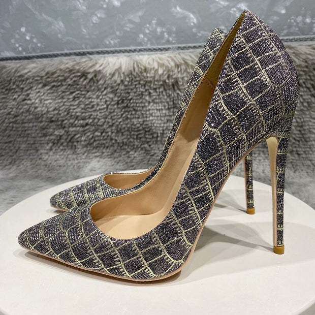 Glitter Embossed Crocodile Effect Women Pointy Toe High Heel Party Dress Shoes Ladies Chic Stiletto Pumps