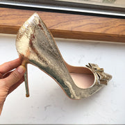 Soft Matte Gold Women Pointy Toe High Heel Bride Bow Shoes Shiny Stiletto Pumps Large Size