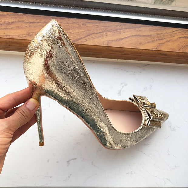 Soft Matte Gold Women Pointy Toe High Heel Bride Bow Shoes Shiny Stiletto Pumps Large Size