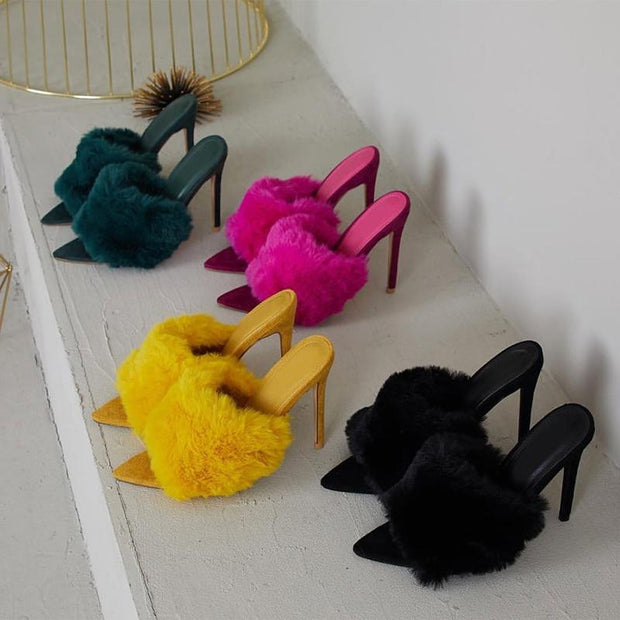 Candy Colour Rabbit Fur High Heel Slippers - Ernadi