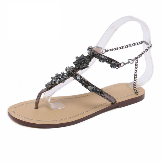 Rhinestones Chains Thong Gladiator Flat Sandals Crystal Plus Size - Ernadi