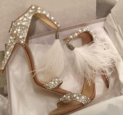 Rhinestone Zipper Feather Women Summer Sandals High Heel Apricot Wedding Pumps