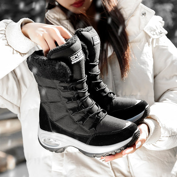 Women Boots Winter Keep Warm Mid-Calf Snow Boots Ladies Lace-up Comfortable Waterproof Booties