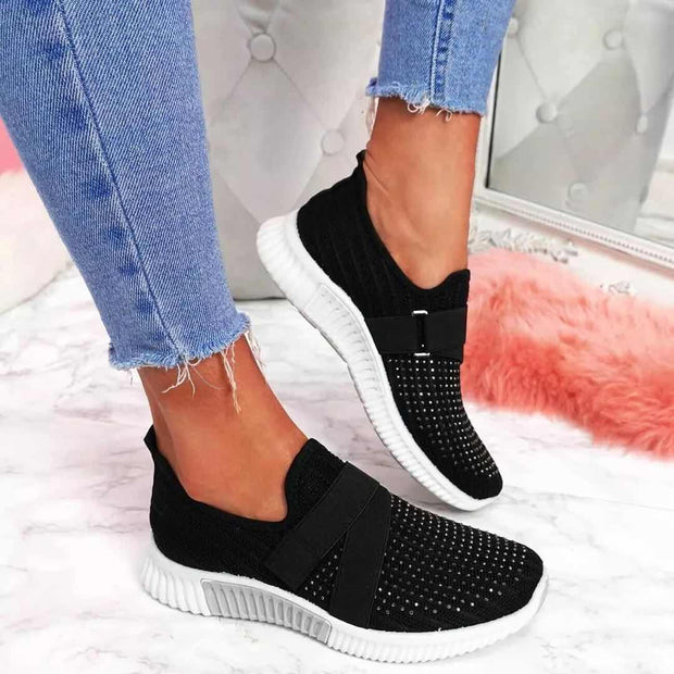Women Sneakers Bling Rhinestone Ladies Shoes Slip On Comfortable Sole Running Walking Shoes Female Flat Sports Shoes - Ernadi