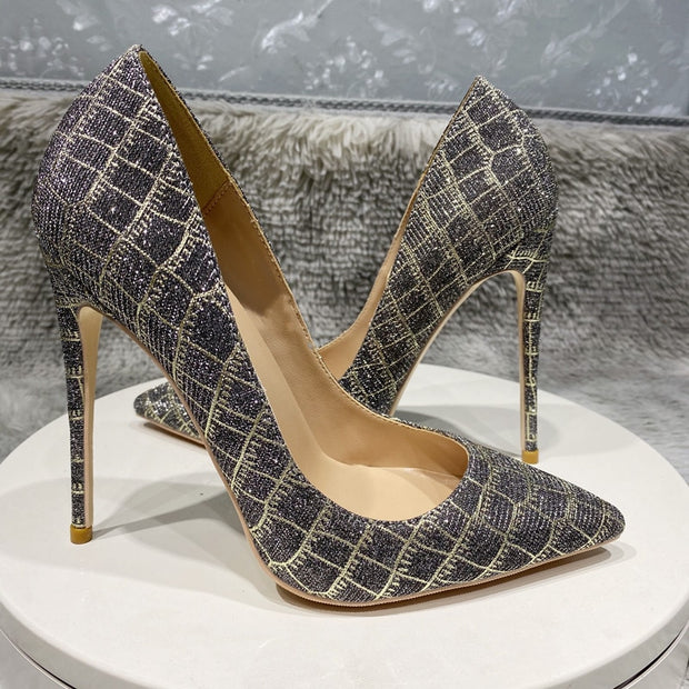 Glitter Embossed Crocodile Effect Women Pointy Toe High Heel Party Dress Shoes Ladies Chic Stiletto Pumps
