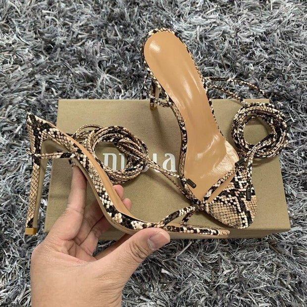 Women High Heels Sandals Summer Outside Snake Print Shoes Woman Lace-Up Cross Strap Gladiator Sandals 11CM Heels - Ernadi