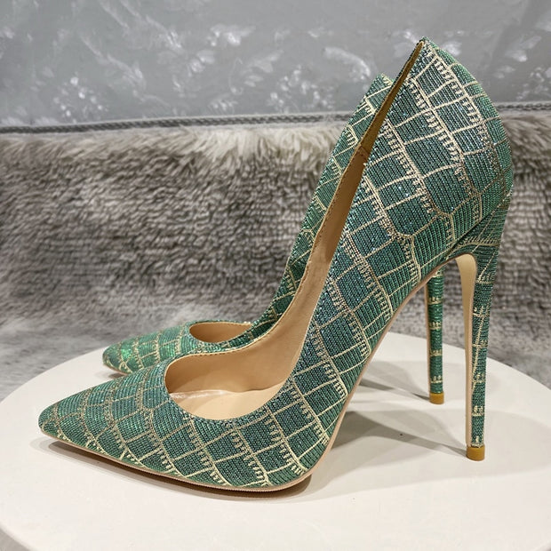 Glitter Embossed Crocodile Effect Women Pointy Toe High Heel Party Dress Shoes Ladies Chic Stiletto Pumps