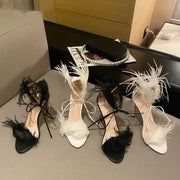 Feather Open Toe Strap High Heels Summer Ankle Lace-Up Sandals Clear Heel Women Party Shoes