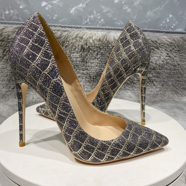 Glitter Embossed Crocodile Effect Women Pointy Toe High Heel Party Dress Shoes Ladies Chic Stiletto Pumps