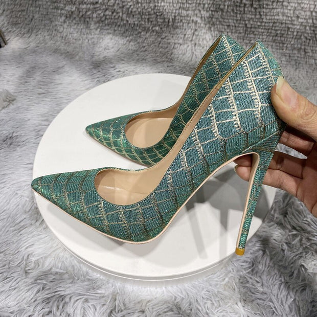 Glitter Embossed Crocodile Effect Women Pointy Toe High Heel Party Dress Shoes Ladies Chic Stiletto Pumps