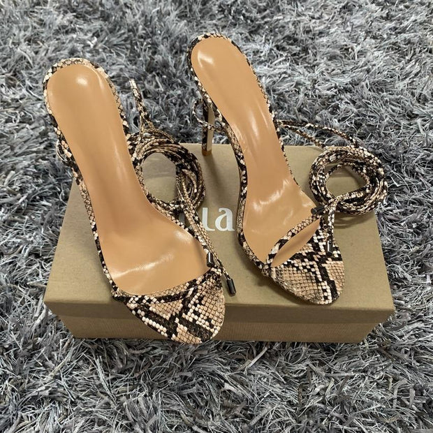 Women High Heels Sandals Summer Outside Snake Print Shoes Woman Lace-Up Cross Strap Gladiator Sandals 11CM Heels - Ernadi