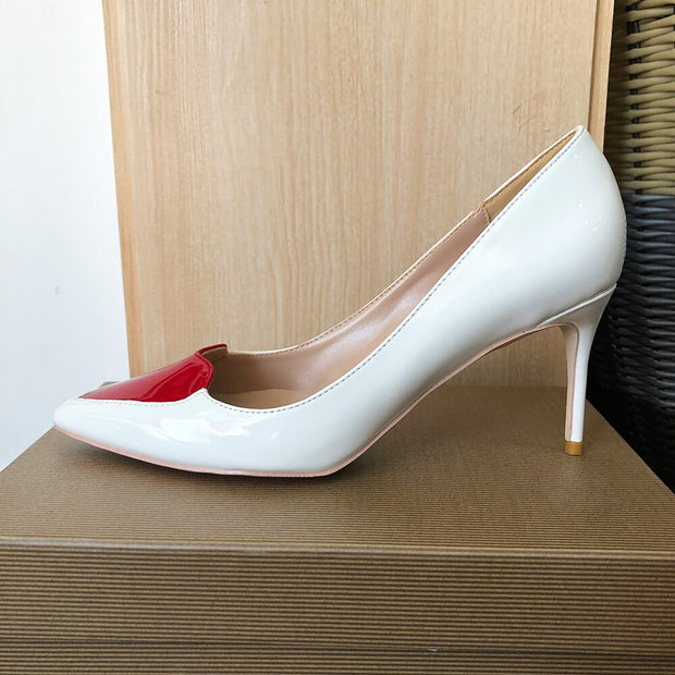Red Love Heart Patchwork Women White Patent Pointy Stiletto High Heels Ladies Slip on Pumps Shoes