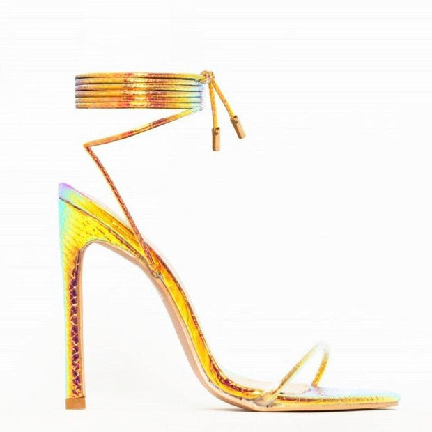 Women High Heels Sandals Summer Outside Snake Print Shoes Woman Lace-Up Cross Strap Gladiator Sandals 11CM Heels - Ernadi