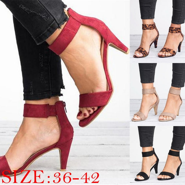 Women Flock Heel Sandals Leopard High Heels Buckle Strap Sandal Shoes