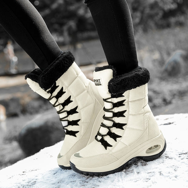 Women Boots Winter Keep Warm Mid-Calf Snow Boots Ladies Lace-up Comfortable Waterproof Booties