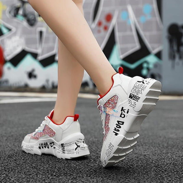 Chunky Sneakers Platform Spring Shoes Sequined Casual Bling Female Red Dames Dad Shoe - Ernadi