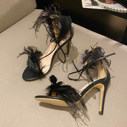 Feather Open Toe Strap High Heels Summer Ankle Lace-Up Sandals Clear Heel Women Party Shoes