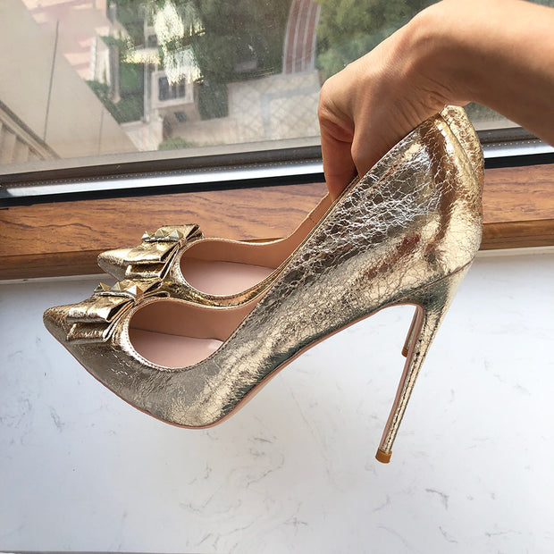 Soft Matte Gold Women Pointy Toe High Heel Bride Bow Shoes Shiny Stiletto Pumps Large Size