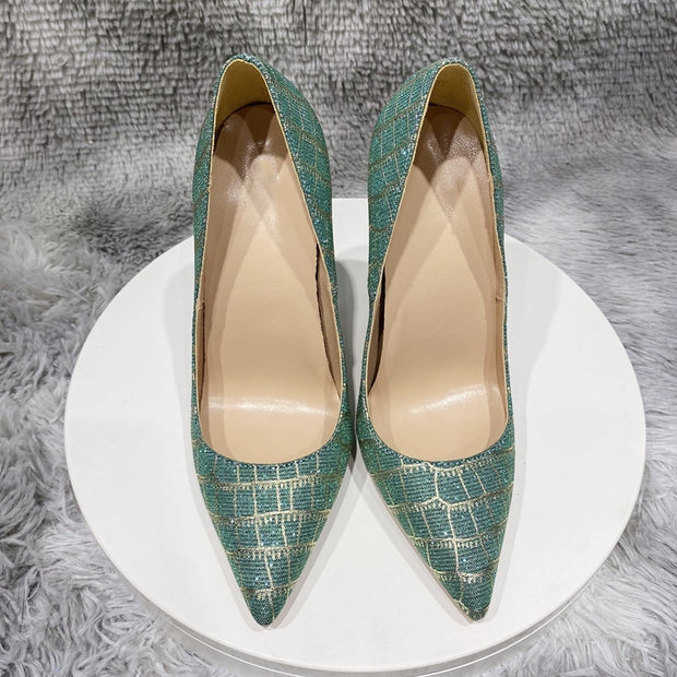 Glitter Embossed Crocodile Effect Women Pointy Toe High Heel Party Dress Shoes Ladies Chic Stiletto Pumps