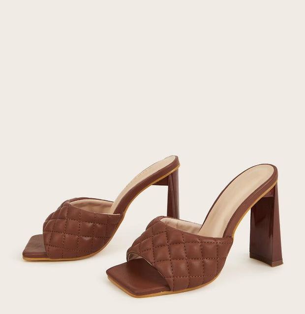 Summer Soft PU Leather Women Mules Slippers Square Head High Heels Party Female Shoes