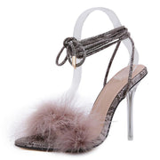 summer shoes woman pointed toe snake print high heels feather women sandals ankle cross strap transparent clear heel - Ernadi
