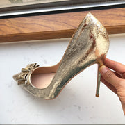 Soft Matte Gold Women Pointy Toe High Heel Bride Bow Shoes Shiny Stiletto Pumps Large Size