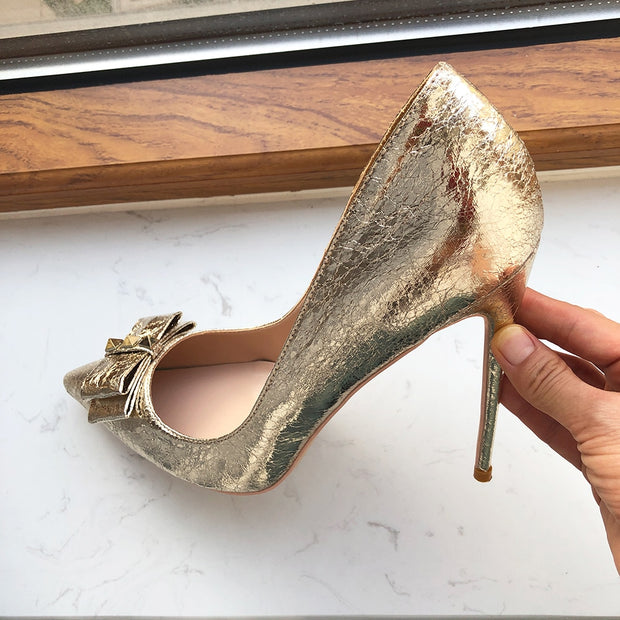 Soft Matte Gold Women Pointy Toe High Heel Bride Bow Shoes Shiny Stiletto Pumps Large Size