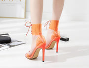 PVC Jelly Lace-Up Sandals Open Toed High Heels Women Transparent Heel Sandals Party Pumps 11CM - Ernadi