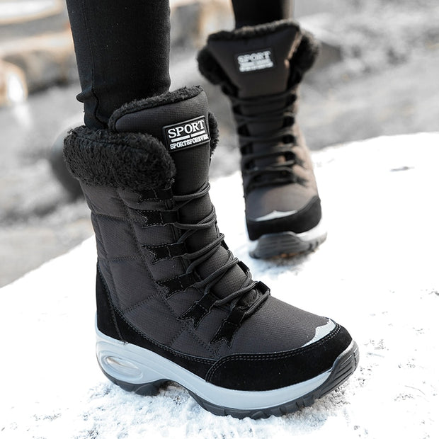 Women Boots Winter Keep Warm Mid-Calf Snow Boots Ladies Lace-up Comfortable Waterproof Booties